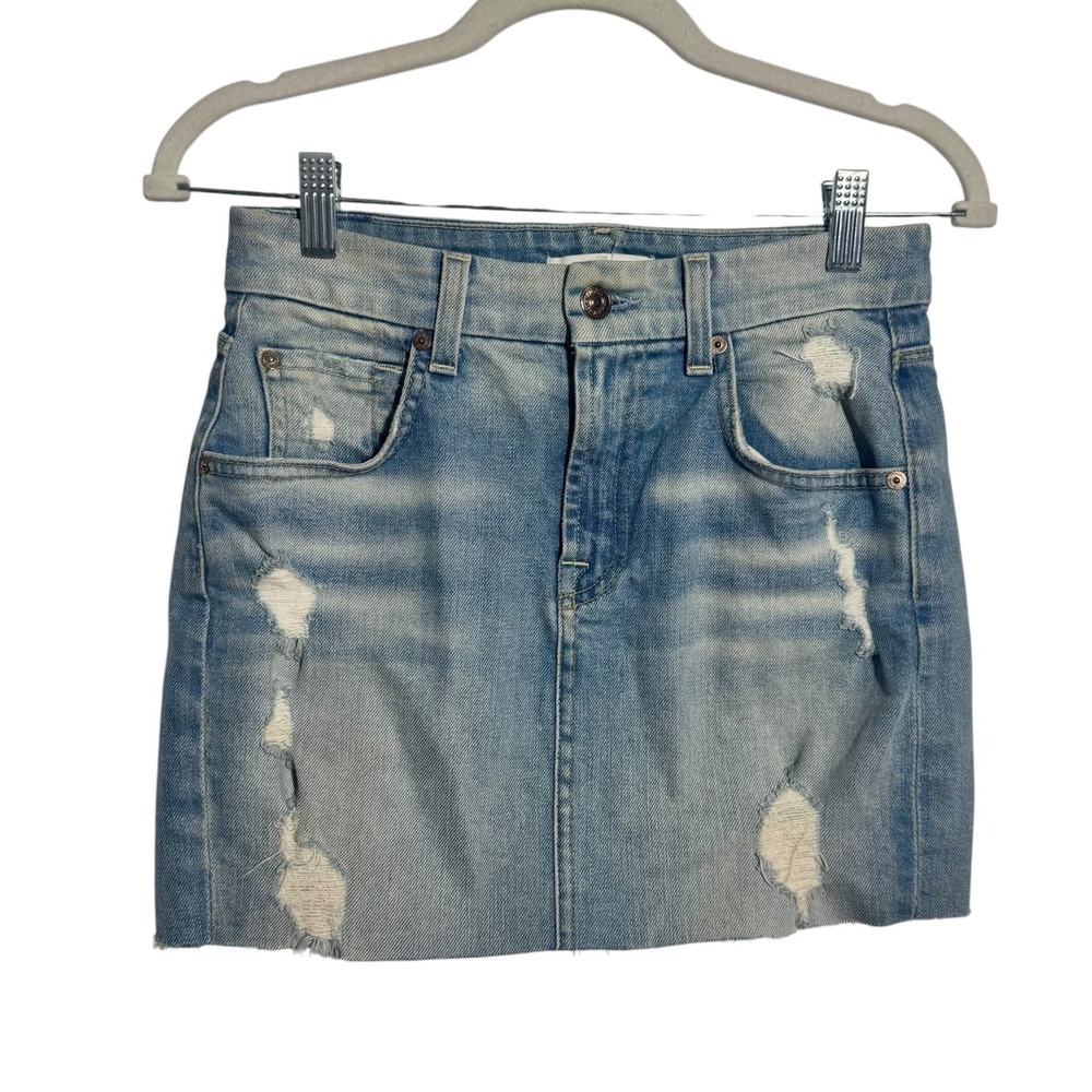 7 For All Mankind Distressed Denim Mini Skirt Light Wash Raw Hem Size 25